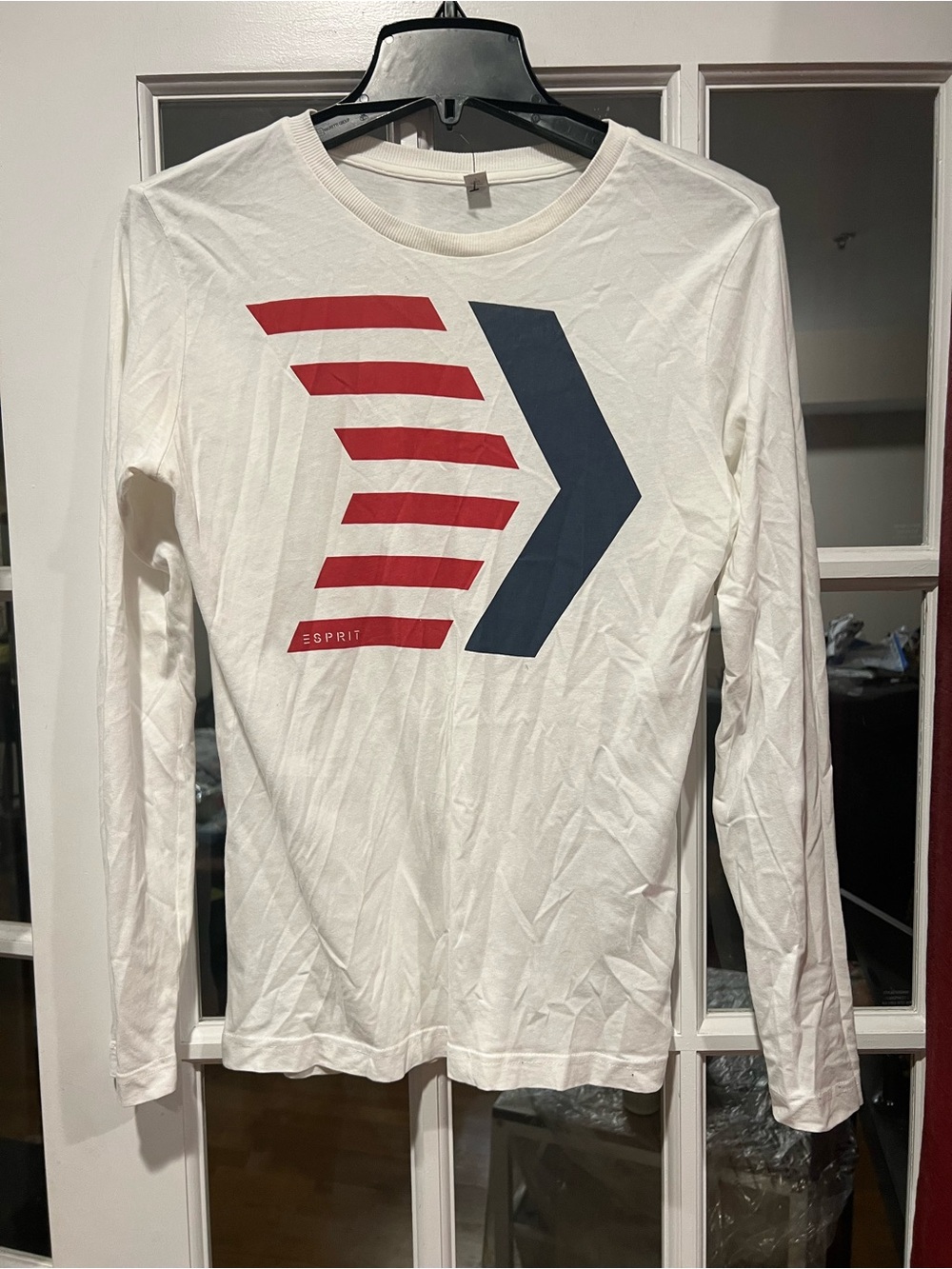 Esprit White Long Sleeve Tee with Red Stripes & Navy Chevron